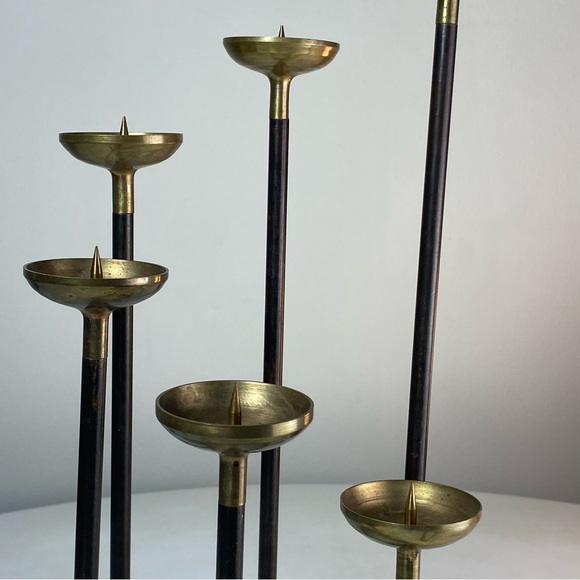 Vintage Mid Century Brass Copper Tiered Candlestick 6 Candle Holder Candelabra - Picture 7 of 13